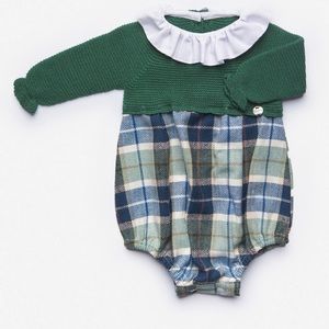 Juliana Angus" Bottle Green Half Knit Tartan Romper
